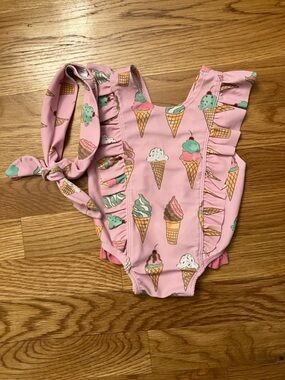 Mud Pie 3-6 mo Pink Ice Cream Cone Ruffle One-Piece Swimsuit with headband